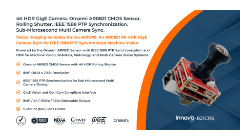 Vadzo Imaging Validates IEEE 1588 PTP Synchronization on the Innova-821CRS 8MP AR0821 4K HDR Gigabit Ethernet Camera