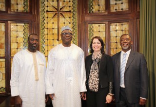 (Left to right) The Honorable Benjamin A. Roberts, Minister  of Tourism and Culture of The Gambia; His Excellency Sheik Omar Faye, the Ambassador to the United States of The Gambia; Rev. Beth Akiyama, Executive Director Church of Scientology National Affairs Office, Washington, D.C.; and Mr. Eric Sheppard, CEO of Diversity Restoration Solutions Inc., at Black History Month forum Feb 12, 2016, at the Church of Scientology National Affairs Office in Washington, D.C.