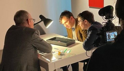 Michael Cortese of NobleSpirit and Charles Epting of HR Harmer Visit Sotheby's to Examine World's Most Valuable Stamp