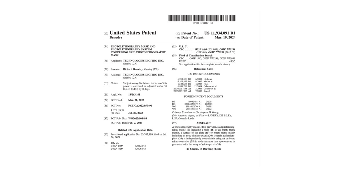 Digitho Technologies Inc. Awarded United States Patent for Innovative Photomask Technology