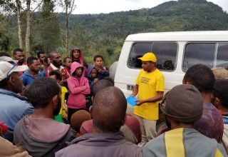 Volunteer Minister briefs villagers on disaster response techniques that can save lives in the event of another major temblor.