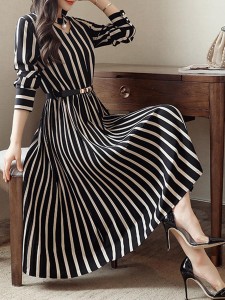 Round Neck Cutout Vertical Striped Belt Midi Skater Dress