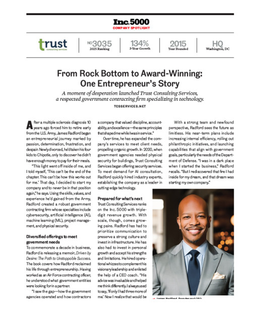 Trust Consulting Services, Inc.(R) (Trust) Featured in INC. 5000 Winter Profile Under the Leadership of JW Radford