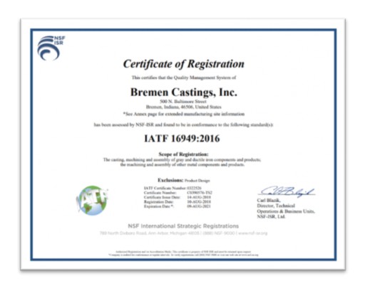 Bremen Castings Inc. Receives ISO 9001:2015 / IATF 16949:2016 Certification