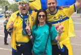 A Drug-Free World volunteer with Swedish football fans