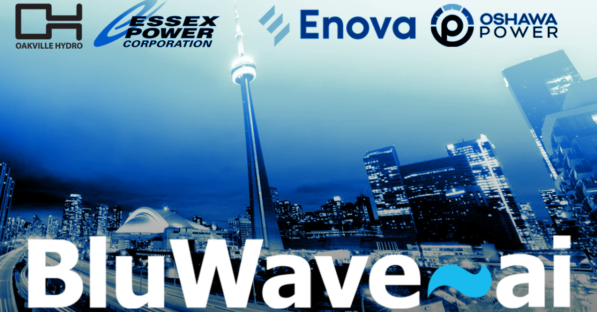Official BluWave-ai project graphic with Toronto's skyline and the logos of Oakville Hydro, Essex Power, Enova Power and Oshawa Power