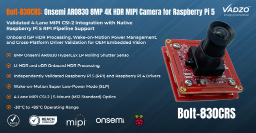 Vadzo Imaging Validates Bolt-830CRS: Onsemi AR0830 HyperLux 8MP 4K HDR MIPI Camera for Raspberry Pi 5