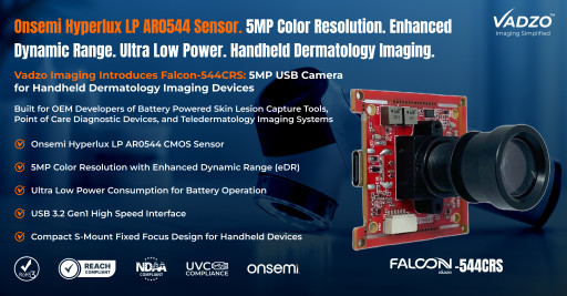 Vadzo Imaging Introduces Falcon-544CRS: 5MP USB Camera for Handheld Dermatology Imaging Devices with Low Power Consumption and eDR for Battery Powered Skin Lesion Capture Tools