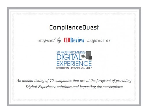 ComplianceQuest Recognized by CIOReview as One of the Top 20 Promising Digital Experience Solution Providers for 2017