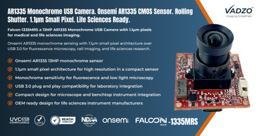 Vadzo Imaging Positions Falcon-1335MRS 1.1u Pixel Size 13MP Onsemi AR1335 Monochrome USB Camera for Medical and Life Sciences