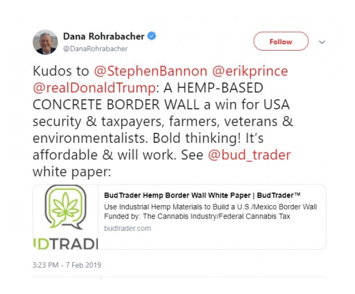 Former California Congressman Dana Rohrabacher Tweets His Support for BudTrader CEO's Hemp Border Wall Proposal