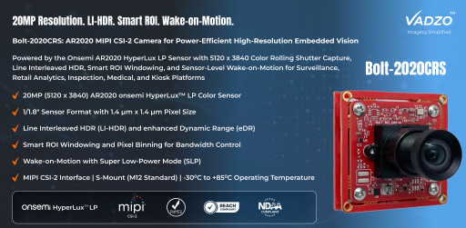 Vadzo Imaging Positions the Bolt-2020CRS 20MP Full Color HDR MIPI CSI-2 Camera with Dynamic ROI and Wake-on-Motion for Power-Efficient High-Resolution Vision