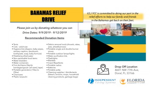 Florida Community Care and Its Parent Company Independent Living Systems Are Collecting Donations to Support the Bahamas as Well as the Evacuees in the Aftermath of Hurricane Dorian