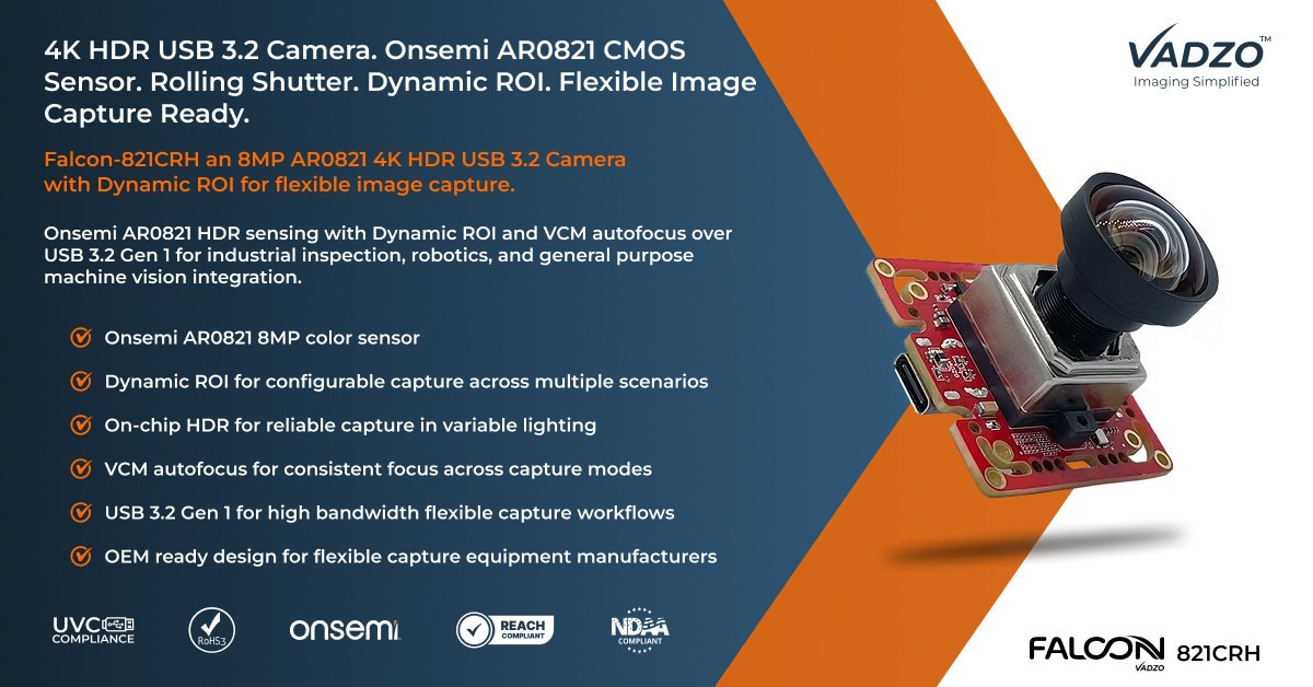 Vadzo Imaging Validates Dynamic ROI Streaming on Falcon-821CRH 8MP AR0821 4K Autofocus HDR USB 3.2 Gen 1 Camera