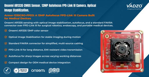 Vadzo Imaging Introduces Armor-1335CRO-FPD3: AR1335 13MP Autofocus FPD-Link III Camera with Optical Image Stabilization and Standard FAKRA Connector for Medical Devices