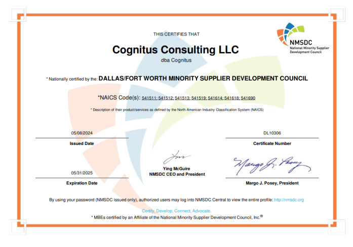 Cognitus Achieves Minority-Owned Business Certification