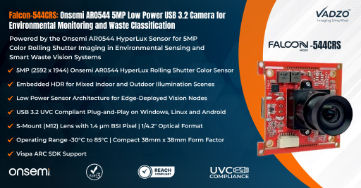 Vadzo Imaging Positions Onsemi AR0544 Low Power USB Camera for Environmental Monitoring, Waste Classification, and Fill-Level Detection