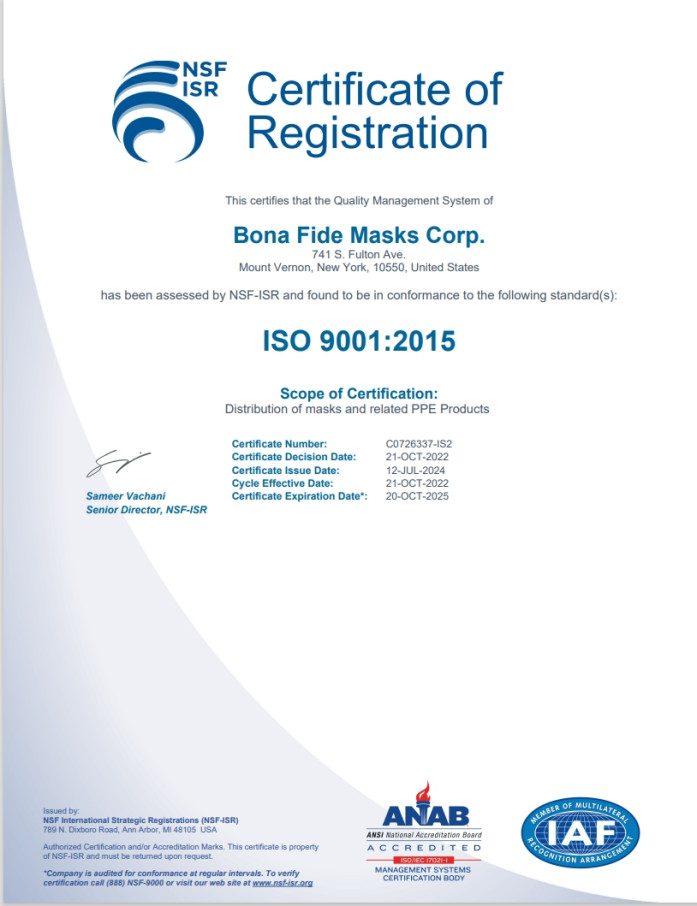 BONA FIDE MASKS CORP. RENEWS ISO 9001 CERTIFICATION