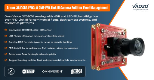 Vadzo Imaging Launches Armor-3C10CRS-FPD3: 2MP OmniVision OX03C10 HDR FPD-Link III Camera with LED Flicker Mitigation for Fleet Management