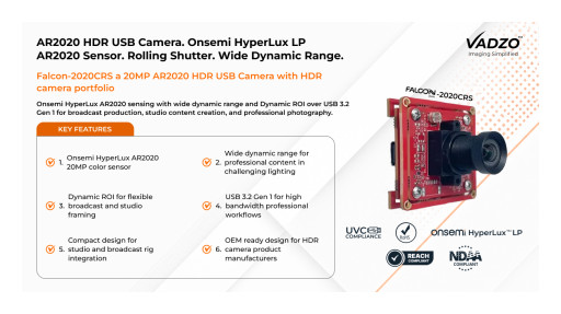 Vadzo Imaging Expands HDR Camera Portfolio with Falcon-2020CRS: 20MP AR2020 Color USB 3.2 Gen 1 Camera with Dynamic ROI for High-Resolution HDR Imaging