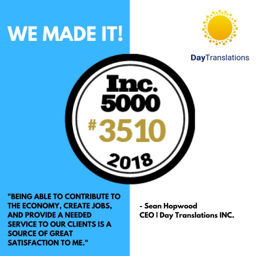 Day Translations, Inc. Ranks No. 3510 on the 2018 Inc. 5000  With Three-Year Revenue Growth of 107 Percent