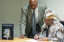 King Thomas Edgar Brown, monarch of the South African Khoisan Kingdom, signs a Tribal Resolution denouncing psychiatry's drugging of South African children with powerful mind-altering drugs.