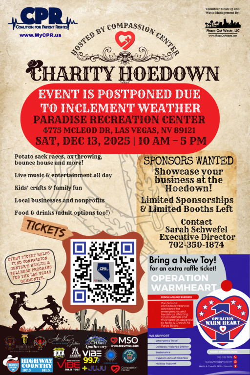 Forecasted Heavy Rain Prompts Postponement of Compassion Center Coalition for Patient Rights Inaugural Hoedown to Dec. 13