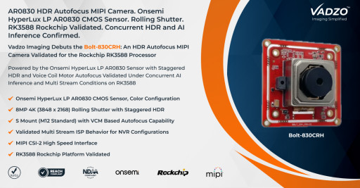 Vadzo Imaging Validates Bolt-830CRH 8MP Onsemi HyperLux LP AR0830 4K HDR Autofocus MIPI Camera with RK3588 Rockchip Processor