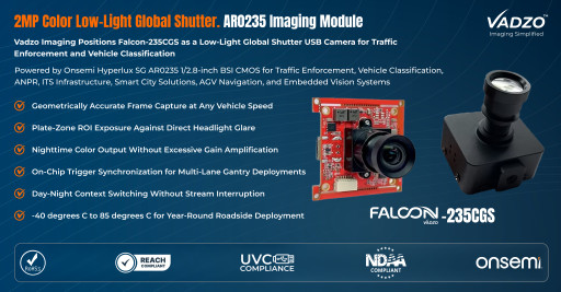 Vadzo Imaging Positions Falcon-235CGS as a Low-Light Global Shutter USB Camera for Traffic Enforcement and Vehicle Classification