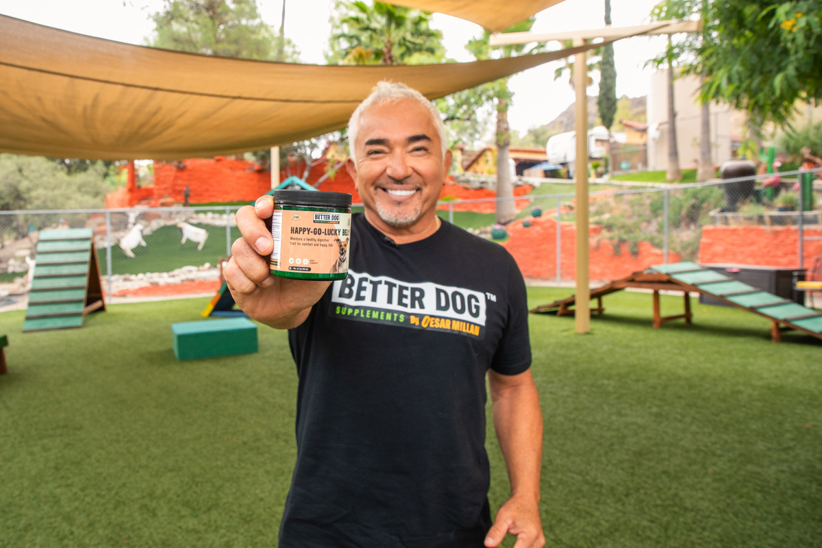 Cesar Millan showcasing the Happy-Go-Lucky Belly formula at his Dog Psychology Center