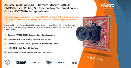 Vadzo Imaging Validates Bolt-1335CRS 13MP Onsemi AR1335 Color Rolling Shutter MIPI CSI-2 Camera with RV1126 Rockchip Processor