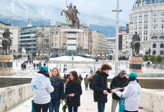 Drug-Free World Macedonia chapter hands out copies of Truth About Drugs booklets in Skopje's Macedonia Square. 