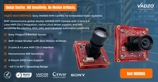 Vadzo Imaging Positions the Bolt-900MGS IMX900 Sony Pregius S based Monochrome MIPI Camera for Embedded Robotics Vision
