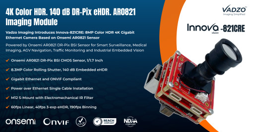 Vadzo Imaging Introduces Innova-821CRE: 8MP Color HDR 4K GigE Camera Based on Onsemi AR0821 Sensor