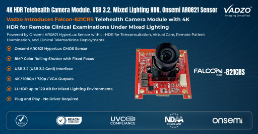 Vadzo Introduces Falcon-821CRS Telehealth Camera Module with 4K HDR for Remote Clinical Examinations Under Mixed Lighting