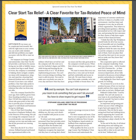 Clear Start Tax Named 2024 Orange County Register’s Top Workplaces for Exceptional Service and