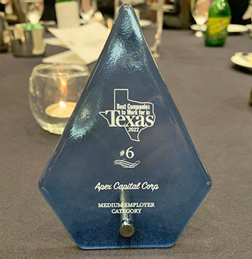 Apex Capital Corp Reaches New Peak With No. 6 Ranking Among 2022 Best Companies to Work for in Texas