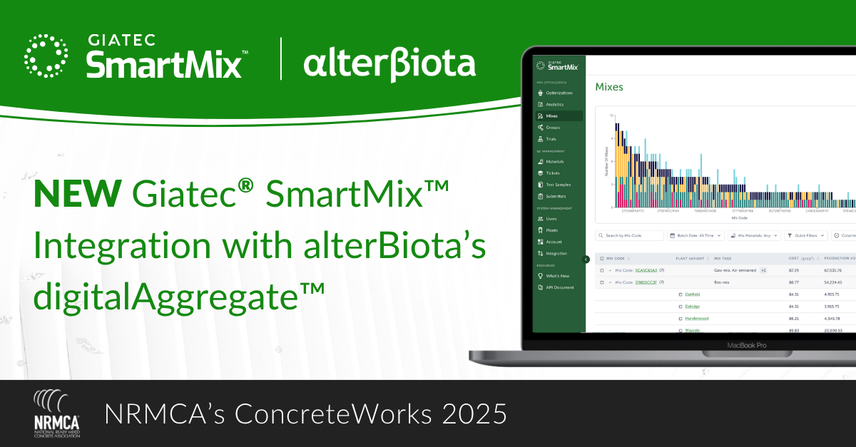 Giatec Announces SmartMix Integration with alterBiota's digitalAggregate