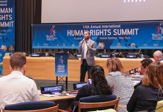 Will Seabrook spoke at the 14th annual Human Rights Summit of Youth for Human Rights at the United Nations in 2017.