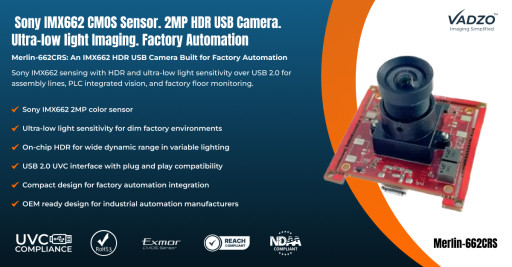Vadzo Imaging Positions Merlin-662CRS: 2MP Sony Starvis 2 IMX662 HDR USB 2.0 Camera For Ultra Low Light Automation Application in Industrial Environments