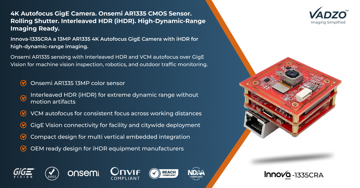 Vadzo Imaging Validates Auto-Focus and HDR performance on Innova-1335CRA 13MP Autofocus GigE Camera