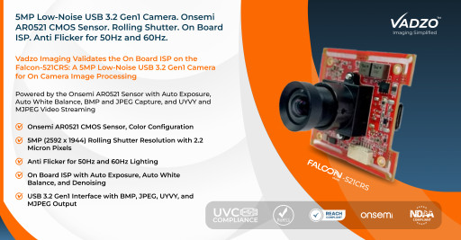 Vadzo Imaging Validates Onboard ISP on Falcon-521CRS: Onsemi AR0521 Color 5MP Low-Noise USB 3.2 Gen1 Camera for On Camera Image Processing