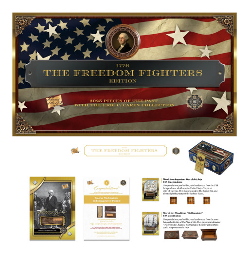 Brand New Trading Card Release Includes Extraordinary Original Relics Such As: Actual Pieces of 1776 Declaration of Independence Printing, Pieces of George Washington's 2nd Inaugural Podium, and Incredible Redemption Cards for Rev War Swords, Powder Horns, Muskets, Etc.