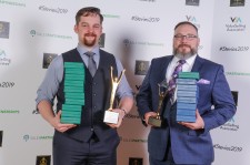 Tyrel Drey, Director Support Operations, VIZIO, and Ryan Aspleaf, Director of Service and Reverse Logistics, VIZIO, accepting the Stevie Awards for VIZIO's customer service excellence at the 13th annual gala event in Las Vegas, NV.