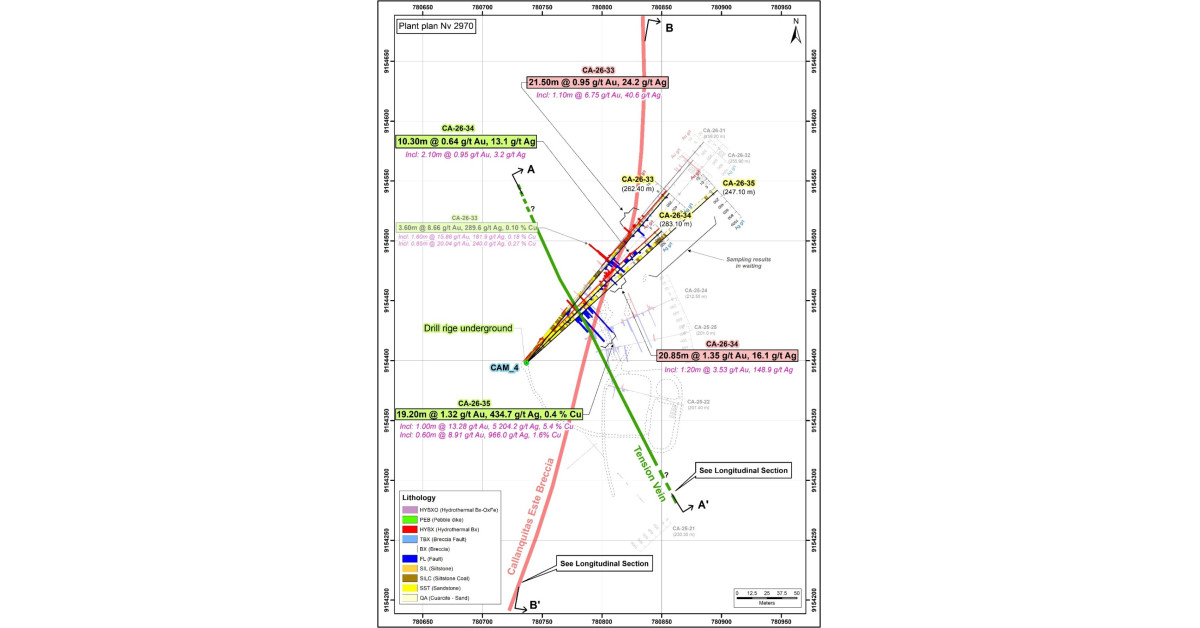 PPX Intercepts High-Grade Gold, Silver, and Copper at Callanquitas, with 13.28 g/t Au, 5,204 g/t Ag and 5.4% Cu Over 1.0 m; and Completes the First Drill Hole at Portachuelos