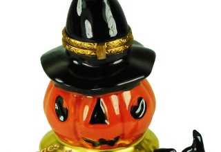 Halloween Jack-O-Lantern with Witch Hat & Black Cat Limoges Box by Beauchamp Limoges