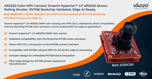 Vadzo Imaging Validates Bolt-2020CRS: 20MP AR2020 Color MIPI CSI-2 Camera with RV1126 Rockchip Processor