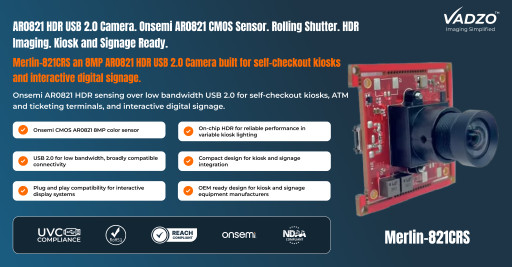 Vadzo Imaging Positions Merlin-821CRS: 8MP AR0821 HDR USB 2.0 Camera for Kiosks and Signage