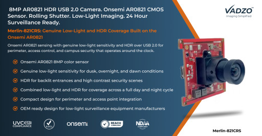 Vadzo Imaging Positions Merlin-821CRS 8P AR0821 HDR USB 2.0 Camera with Low-Light Imaging for Smart Surveillance