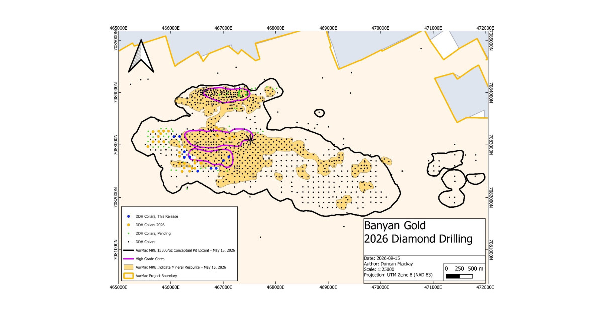 Banyan Gold Intersects 1.05 g/t Gold over 52.8 metres and Bonanza-Grade Gold at Powerline Deposit, AurMac, Yukon, Canada